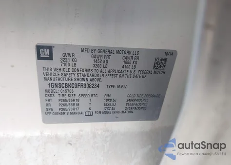 2015 Chevrolet Tahoe Lt z USA, uszkodzony, nr VIN 1GNSCBKC9FR308234